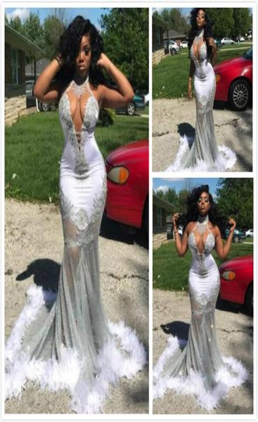 

sliver prom dresses evening wear high neck sheer neckline mermaid evening gowns see through feather appliques african lace party d2842412, Black