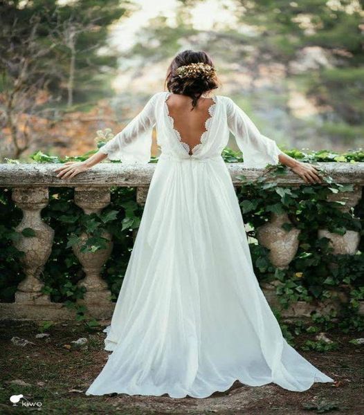 

ivory lace 34 long sleeve backless bohemian wedding dresses 2020 summer court train flow chiffon plus size beach bridal gowns1536632, White