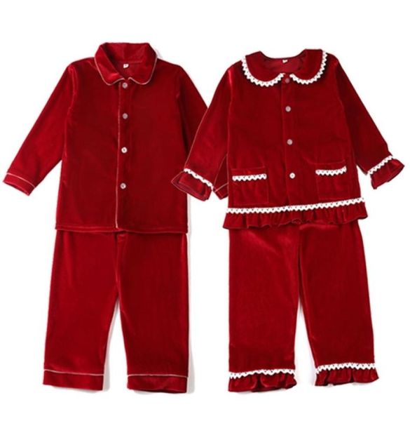 

winter boutique velvet fabric red kids clothes pjs with lace toddler boys set pyjamas girl baby sleepwear 2111028044232, Blue;red