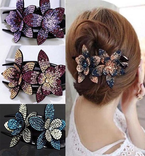 

hair clips barrettes rhinestone double flower clip crystal peals combs female elegant hairgrip handmade fashion accessories2628263, Golden;silver