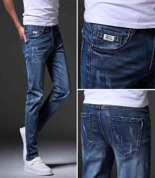 

summer mens jeans designs korean slimfit pencil pants 2022 new trend casual men039s pants y2204157678241, Blue