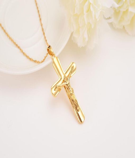 

men fine solid gold finish cross necklaces whole crucifix pendant women jewelry fashion jesus decoration dress3385292, Silver