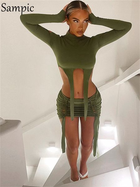 

two piece dress sampic women y2k hollow out skirt set long sleeve crop and mini bodycon suit club party outfits 230715, White