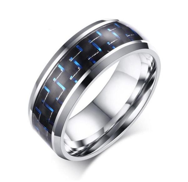 

8mm mens stainless steel ring wedding band black and red carbon fiber inlay blue red5440293, Silver
