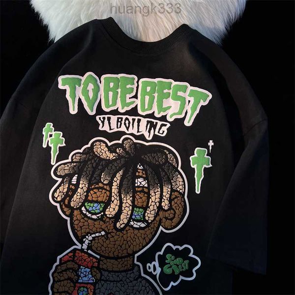 

designersummer heavyweight cotton european and american high street head cartoon short sleeve t-shirt for men's ins loose fashion brand, White;black