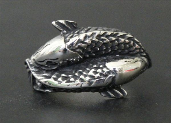 

2pcslot silver double fish ring 316l stainless steel biker style men boys fish ring8871411