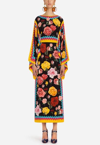 

vintage flower print women maxi dress elegant long sleeve dresses 07k8016275076, Black;gray