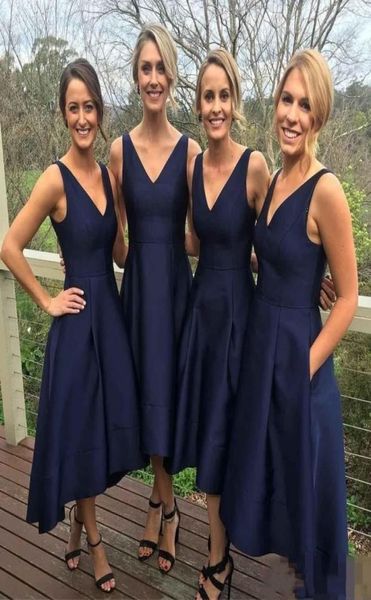 

garden short high low bridesmaid dresses 2020 with pockets navy blue vneck pleats maid of honor gowns formal junior bridesm7329418, White;pink
