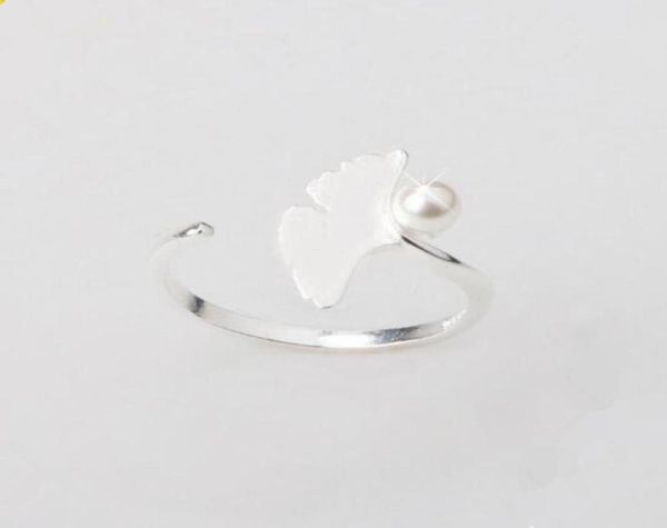 

antique silver ginkgo leaf plant opening finger ring for women lady elegant wedding rings imitation pearl lovely gift22170243964328