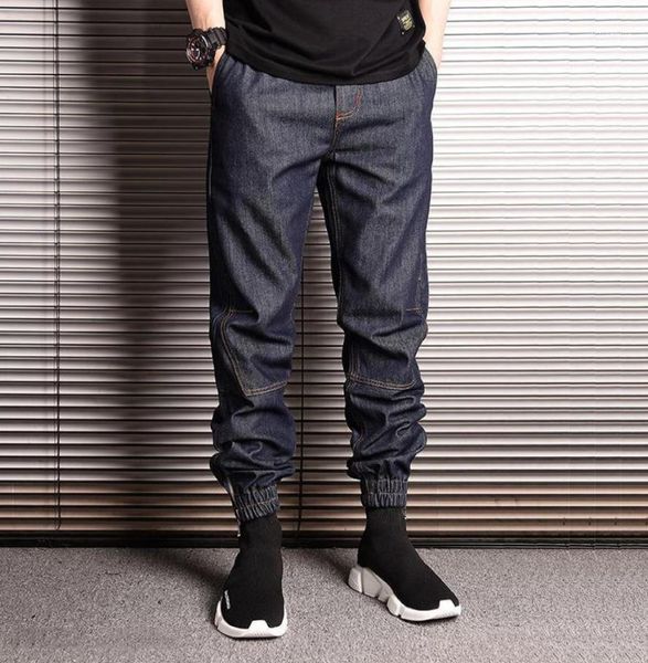

japanese style fashion men jeans elastic waist loose fit harem denim cargo pants hombre streetwear hip hop joggers jeans men1999407671628, Blue