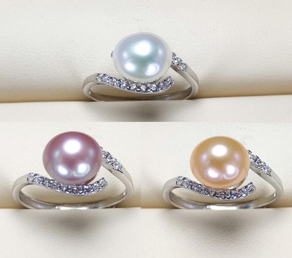 

s925 sterling silver ring freshwater pearl ring for women 89 mm natural pearl with zircon fashion jewelry adjustable size wedding4125449, Golden;silver