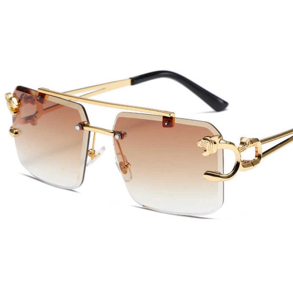 

fashion carti sunglasses 2023 new double beam trimmed sunglasses for men trend women frameless leopard head glasses with logo box, White;black