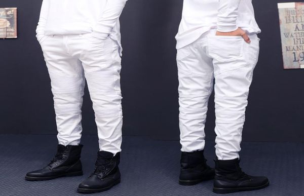 

mens stretch cotton hip hop white black skinny biker jeans pleated on the knee 5 colors plus size2838 m2308096913, Blue