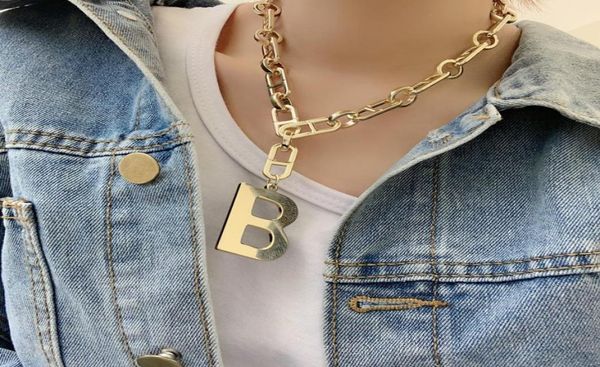 

new exaggerated b letter pendant necklace wide version women hip hop thick chain choker clavicle chain letter pendant gift3835544, Silver