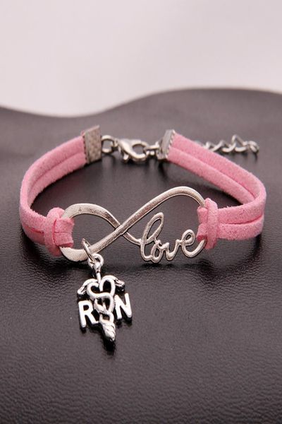 

2020 new friends bracelets women men nurse sign love infinity bracelets bangles handmade pink leather suede rope charm jewe3777753, Golden;silver
