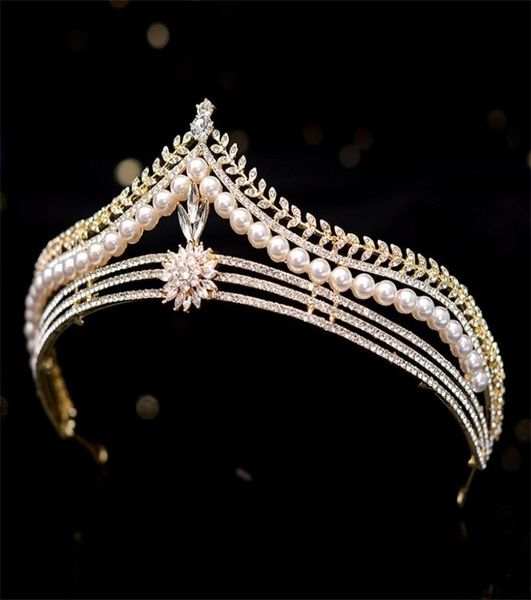 

baroque retro gold crystal pearl bridal tiaras crown geometric pageant diadem bride headband wedding hair accessories 2202173765203, Slivery;golden