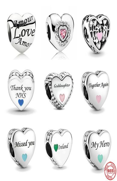 

925 silver fit charm 925 bracelet heart shape godmother missed you my hero love diy charms set pendant diy fine beads jewelry6488763, Bronze;silver