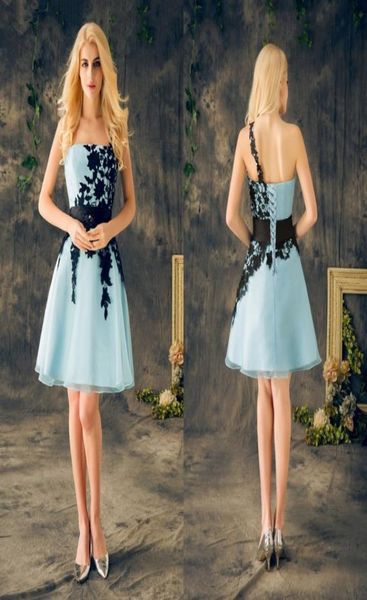 

2021 real short homecoming dresses light sky blue with black appliques lace one shoulder party dress7048127, Blue;pink