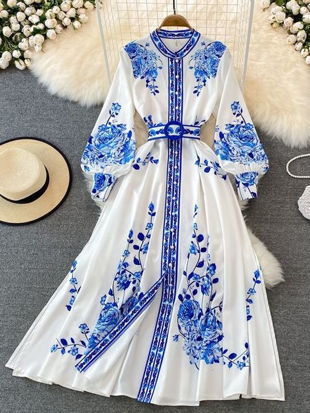 

urban dresses fashion blue and white porcelain flower print dres clothing long lantern sleeve single breasted belt vintage vestidos 230714, White;black