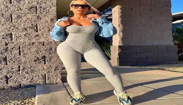 

casual sportwear knit rib bodycon jumpsuit o neck sleeveless backless pencil pants bodycon fitness rompers womens jumpsuit y22478985, Black;white