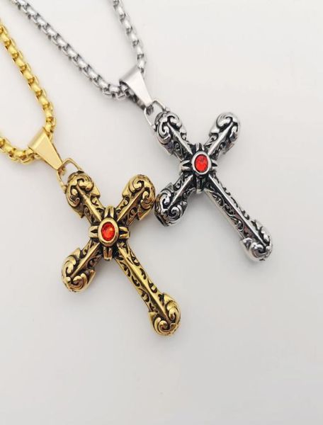 

red rhinestones vintage silver color stainless steel curved cross pendant necklace jewelry mens fashion gift8726090