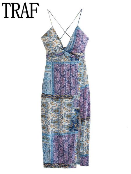 

basic casual dresses traf 2023 print slip long dres knot backless woman beach midi summer party for slit boho sundress 230715, Black;gray