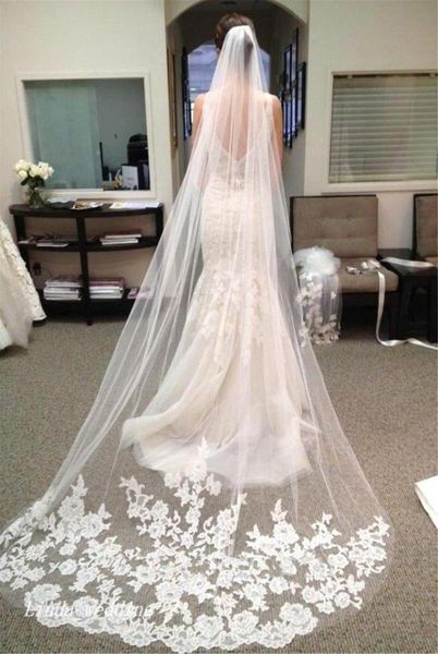 

muslim selling luxury in stock wedding veils three meters long veils lace applique cathedral length bridal5619916, Black