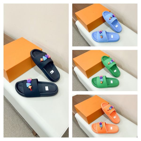 

women men's lu waterfront mule slippers monograms bead rubber slides candy color sandal designer shoes luxury wide flats thick bottom f, Black