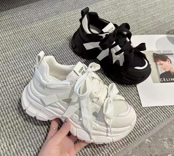 

breathable mesh sneakers hidden increasing sport shoes woman wedge casual chunky shoes high platform shoes, Black