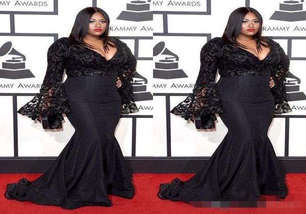 

grammy awards plus size celebrity evening dresses long sleeves jazmine sullivan sequins prom gowns black lace mermaid evening gown8105219, Black;red