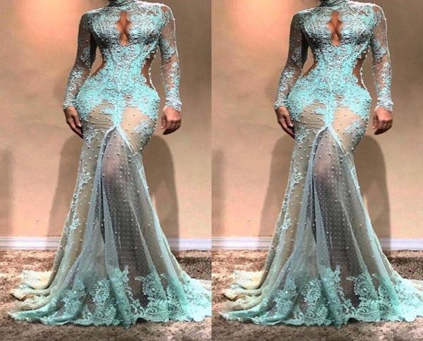 

high neck luxury full lace pearls mermaid evening dresses dubai see through illusion high split formal prom cutaway side celebrity1047229, Black;red