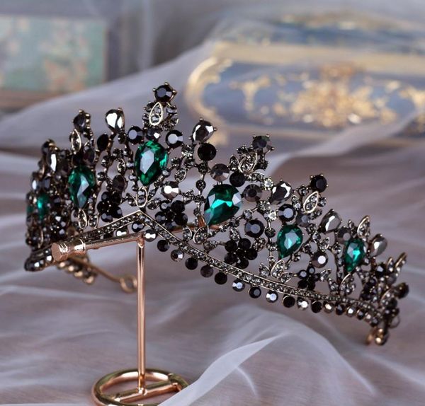 

handmade luxury baroque bridal crown tiara black dark green crystal headpieces evening hair accessories for brides gothic bridal4323623, Silver