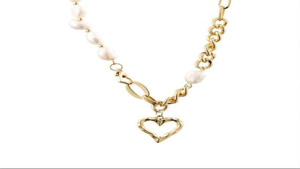 

natural baroque pearl love pendant necklaces female stitching ins trendy hip hop clavicle chain small design versatile necklace3791560, Silver