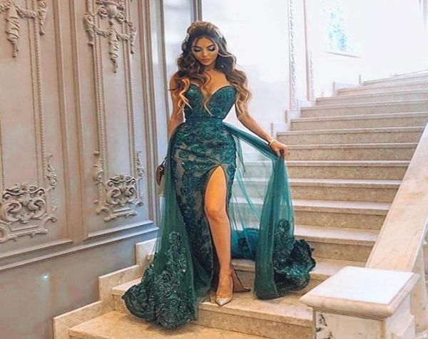 

2021 dark hunter green charming mermaid evening dresses wear sweetheart side split prom gowns overskirts with detachable train lac2685969, Black;red