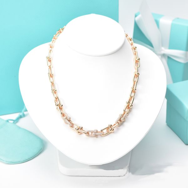 

designer jewelry t u-shaped graduated link necklace with diamonds for women fashion horseshoe collarbone chain for men cuban chain with box, Silver