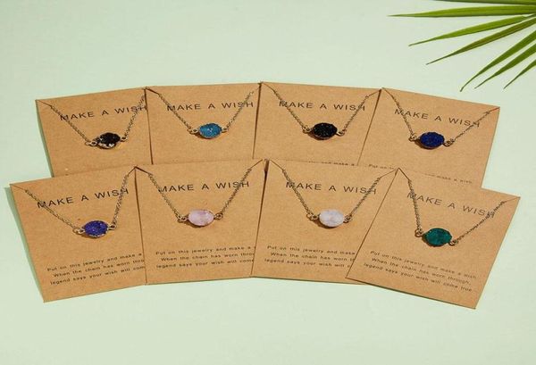 

8 colors luxury druzy necklace for women round natural stone pendant gold chains fashion make a wish card jewelry gift1960257, Silver