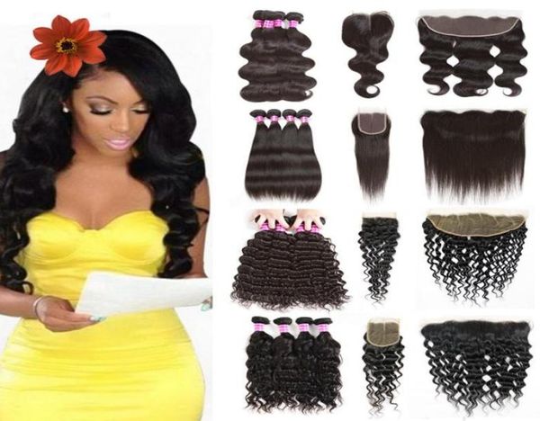 

10a grade human virgin hair bundles remy straight body deep water wave with lace closure frontal pre plucked for black women front7260757