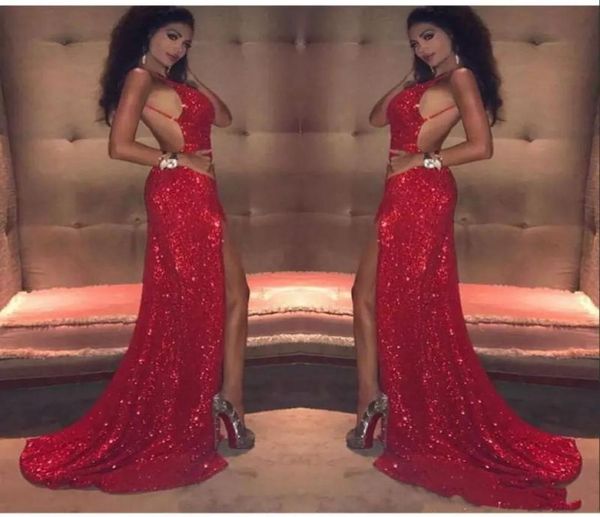 

red sequined sparkly prom dresses low back front high slit long mermaid 2020 party gown evening dress customize plus size2423222, Black