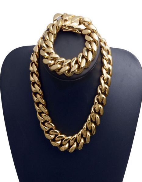 

22mm exaggerated superwide men cuban link chain jewlery set hip hop stainless steel choker necklace bracelet 18k gold plated 16q7967559, Silver