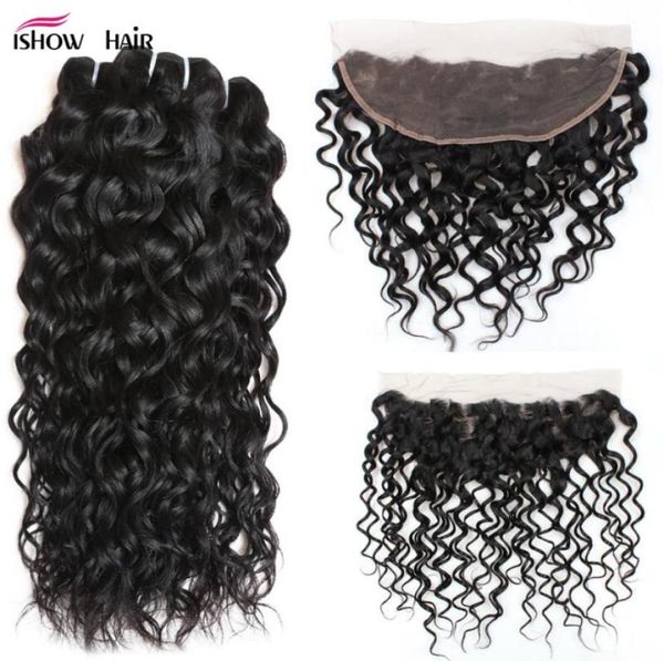 

most popular ishow brazilian peruvian malaysian indian water wave 3 bundles with 134 lace frontal 8a natural black color vi85820314