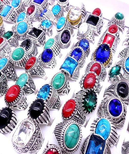 

whole 100pcs ring mix styles antique silver plated stone glass vintage jewelry rings for men women brand new drop part7199384, Golden;silver