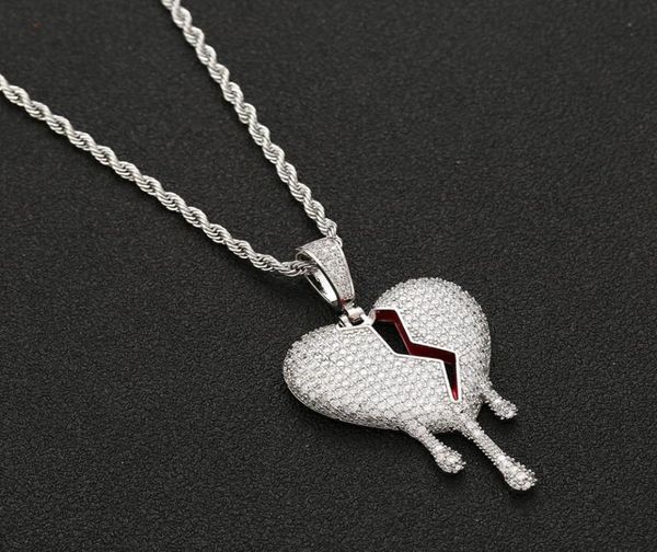 

red oil drip bro hearts necklace pendant with rope chain gold silver color cubic zircon men women hip hop jewelry3324082