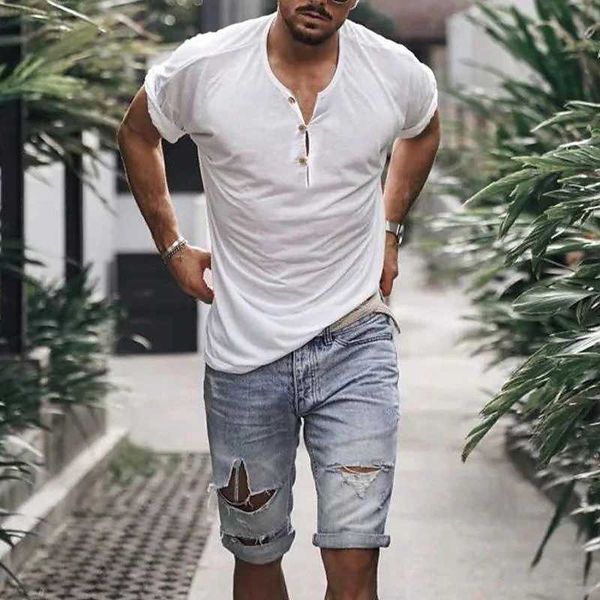 

men's t-shirts vintage cotton t-shirts men solid color short sleeve buttoned crew neck henry t shirt summer casual men's loose tee, White;black
