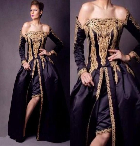 

arabic dresses evening dresses wear off shoulder appliques split front long sleeves prom dress satin dubai abaya special occasion 4725419, Black;red