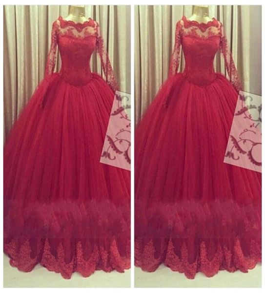 

lace long sleeves dark red ball gown quinceanera dresses lace appliques tulle heavier skirt evening dresses prom gowns 2016 modest8559616, Blue;red