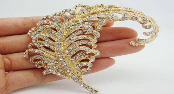 

whole pretty peacock feathers 18k goldplated clear rhinestone crystal brooch pins7933484, Gray