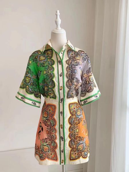 

swimwear positioning printed women's linen mini shirt dress 2023 new turn down collar short sleeve short dress, White;black
