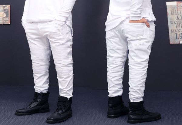 

mens stretch cotton hip hop white black skinny biker jeans pleated on the knee 5 colors plus size2838 m2308089385, Blue