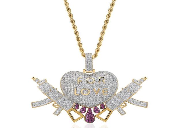 

iced out love heart pendant hip hop full cz stone double gun charm necklace rapper jewelry for men7519578, Silver