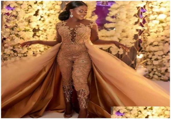 

prom dresses classic jumpsuits long sleeves lace appliqued detachable train evening gowns luxury party womens trouser suits drop d9366529, Black